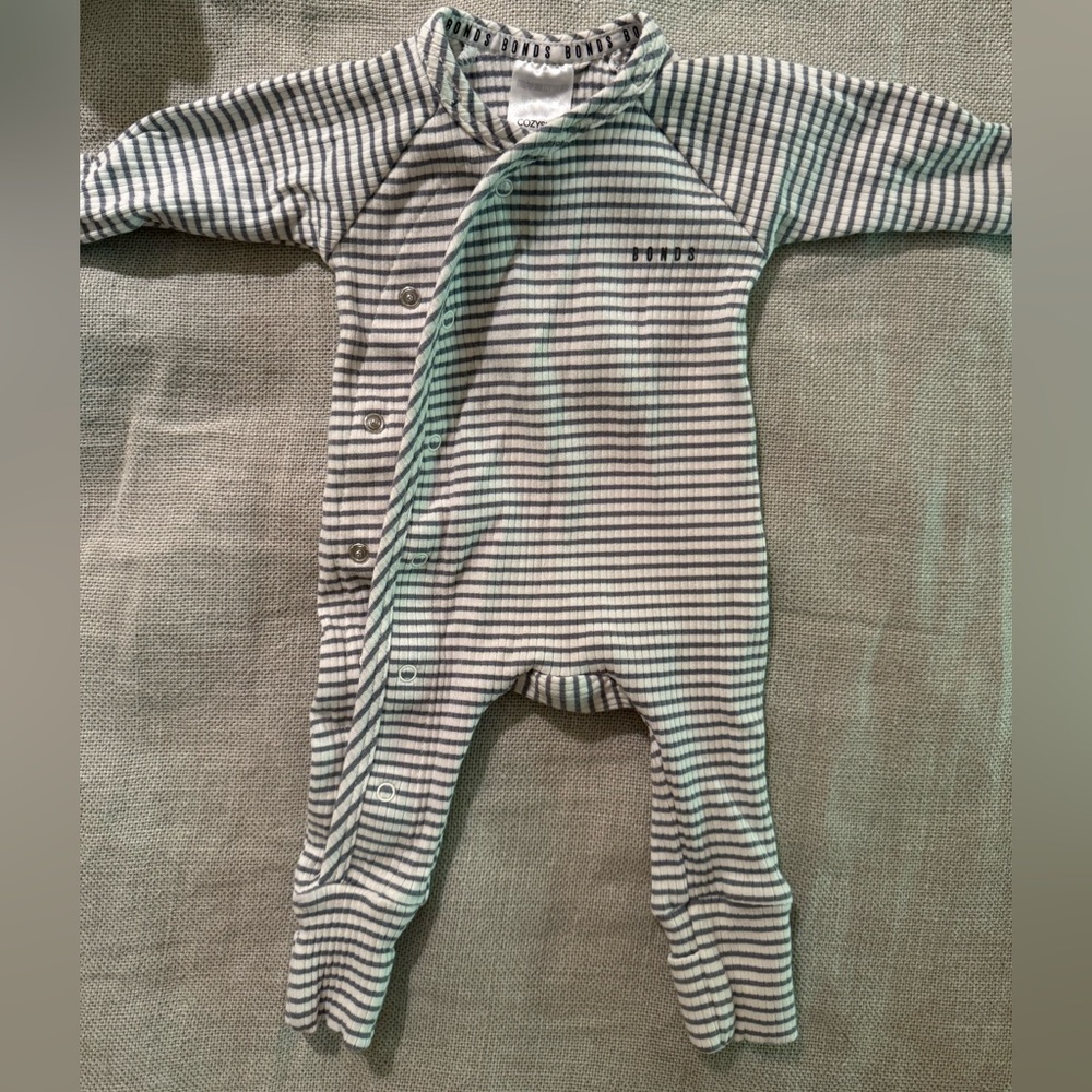 Bonds Blue/Grey and White Striped Kids Footie